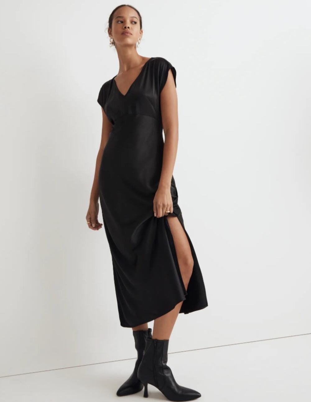 Madewell Wide V-Neck Satin Slip Midi Dress Black Romantic Minimalist Whimsigoth